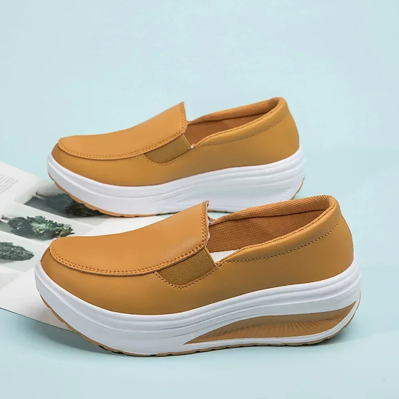 Spring Genuine Leather Soft Outsole Work Shoes Female Black Swing Shoes Woman Plus Size Wedges Single Shoes Zapatillas