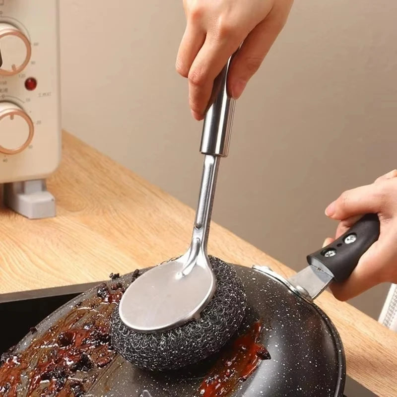 Stainless Steel Pot Brush Kitchen Special Pot Washing Steel Wool Ball Brush Long Handle Dish Cleaning Brush Pot Brush Magic Tool