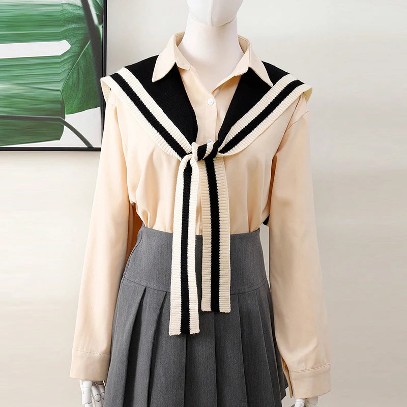 A Handmade Spring & Fall Polyester Knitted Knotted Shawl with Contrasting Stripes and Preppy Style Women's Fashion Shawl