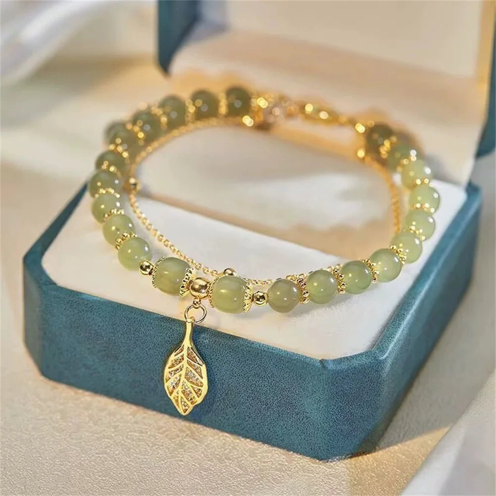 Natural Hetian Jasper Gold Color Branch Jade Leaves Bracelet Exquisite Sexy Young Girls Fashion Jewelry Best Selling Holiday Gif