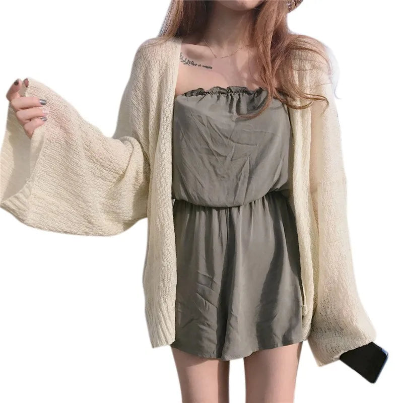 Women Women's Korean College Style Lazy Loose Sunscreen Cardigan Summer Sexy Knitting Cardigan One Size