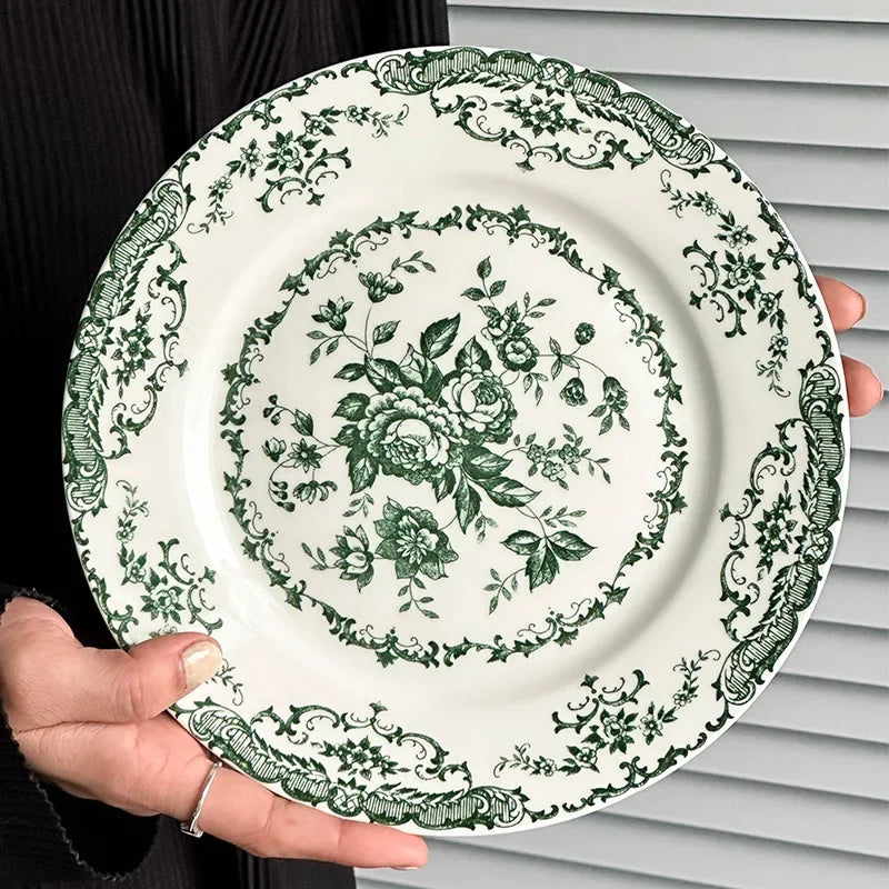 8/10Inch French Vintage Rose Ceramic Plate European Style Dinner Dishe Plates Salad Dessert Dinner Dish Household Art Tableware