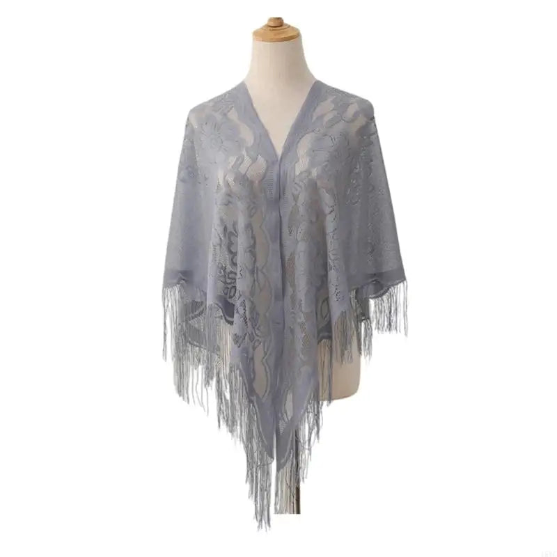 15YC Stylish Lace Ponchos with Fringed Edges Multiuse Shawl for Various Outfit Eye Catching Sunproof Triangle Shoulder Wrap