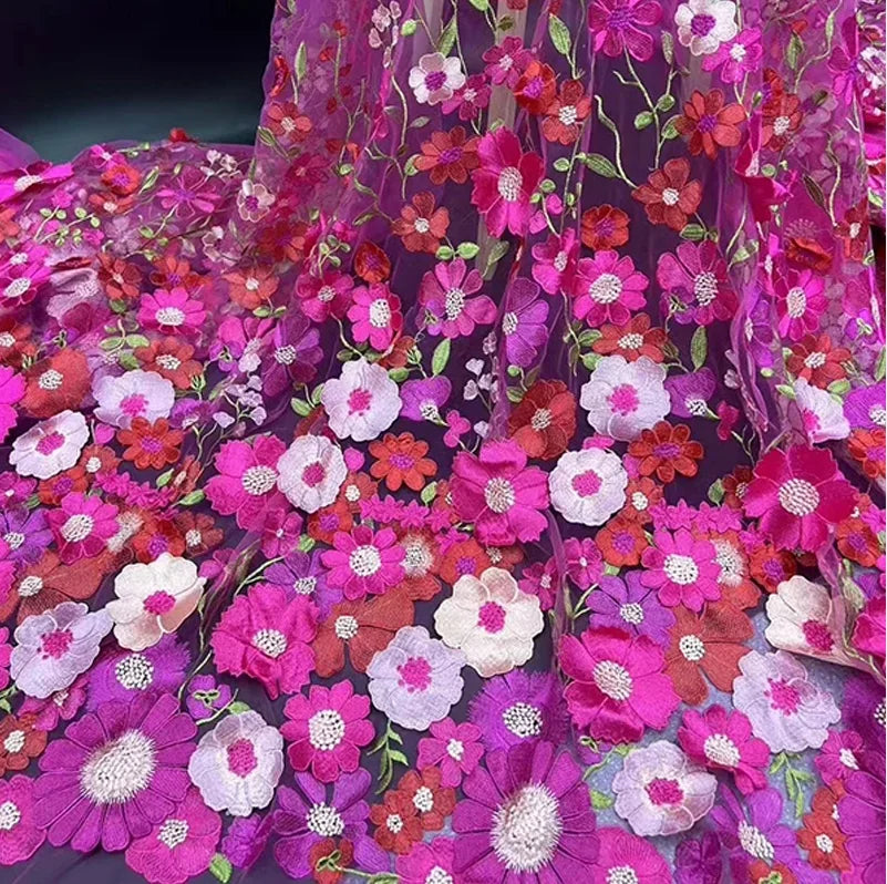Unilateral embroidered cloth 3D applique embroidered fabric high-end women's dresses wedding dress material