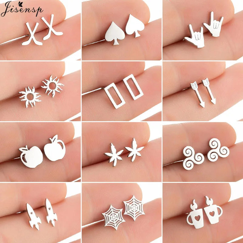 Punk Mini Stainless Steel Earrings for Women Minimalist Spades Gesture Apple Lighter Spider Web Earings Fashion Jewelry brincos