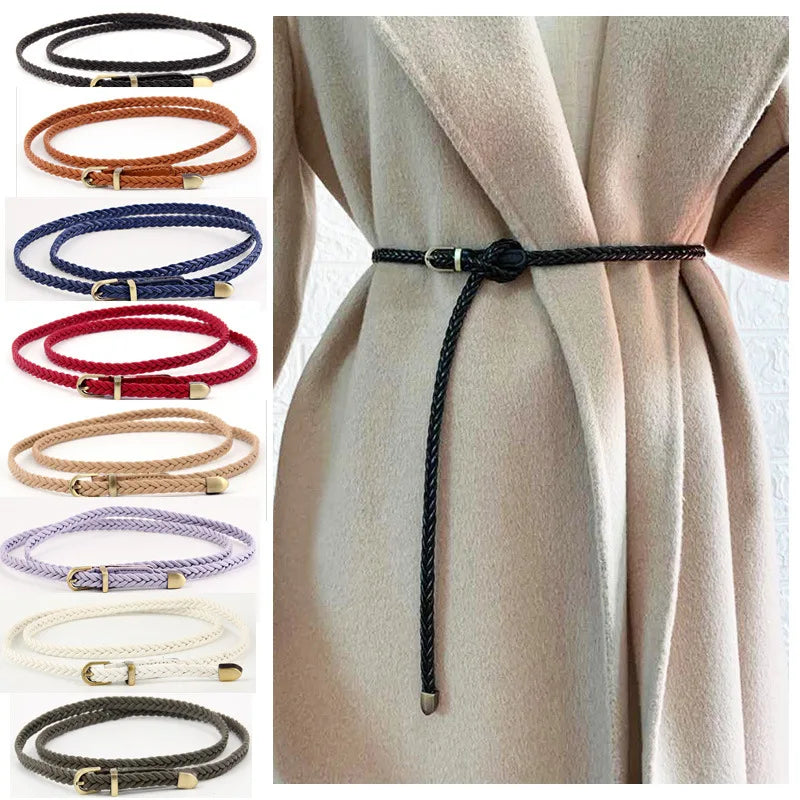 Woven Thin Belt Women's Fashion Casual Versatile Coat Girdle Gothic Retro Red Pin Pu Buckle Waistband