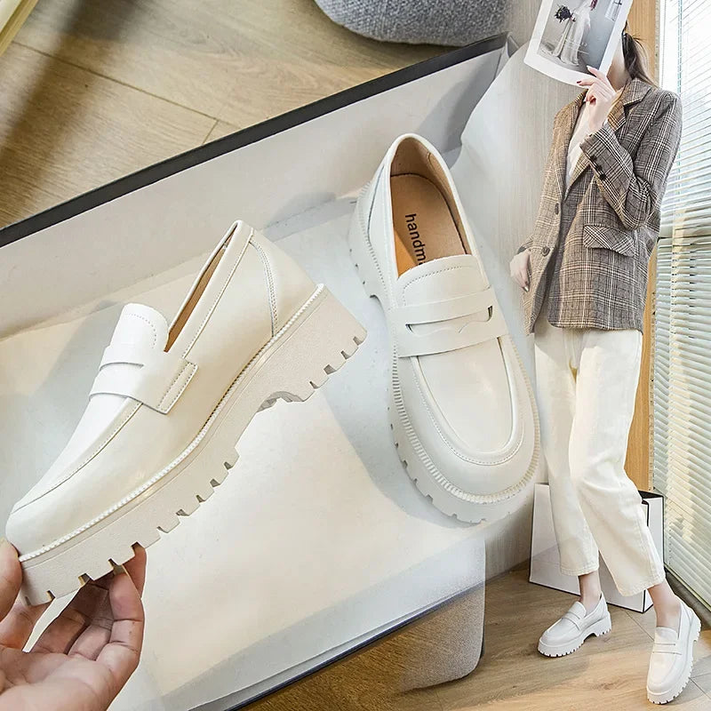 Genuine Leather Spring Autumn Shoes Female British Style 2025 New Thick-soled College Style Casual Loafers Fashion Shoes Girls