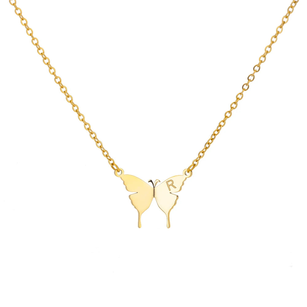 Stainless Steel Butterfly Initial Letter Necklaces For Women Minimalist Gold Color Butterfly Name Necklace Wedding Jewelry BFF