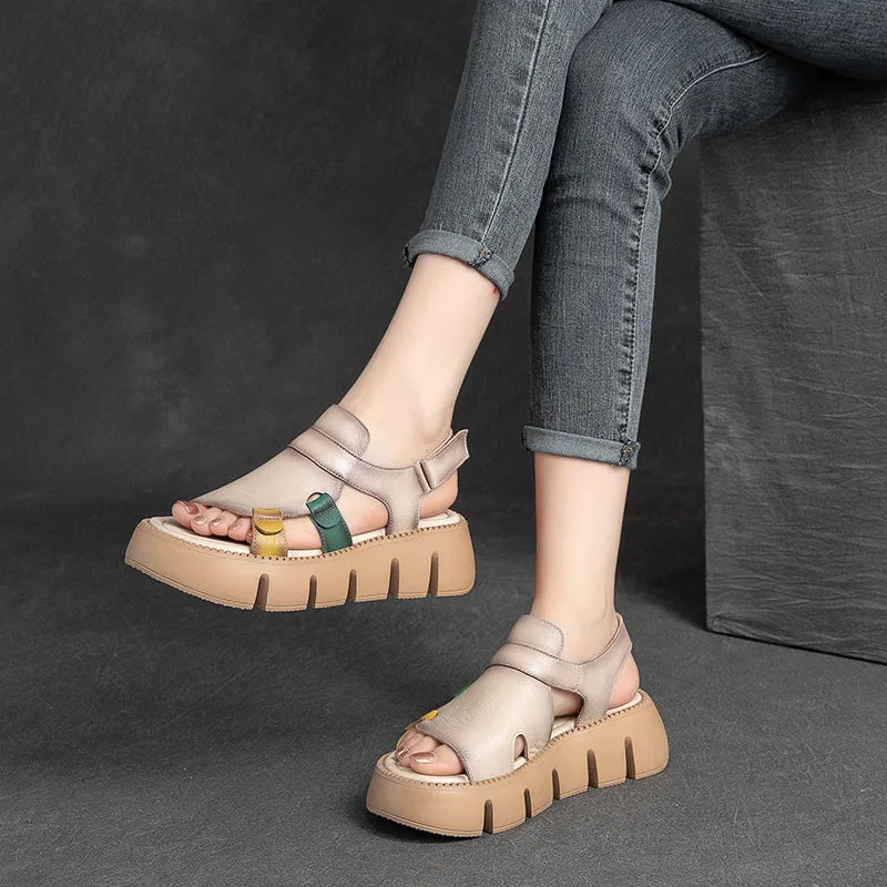 Women's Sandals  Summer Genuine Leather Thick Sole Ladies Sandals Summer Shoes Women Retro Style Handmade Shoes