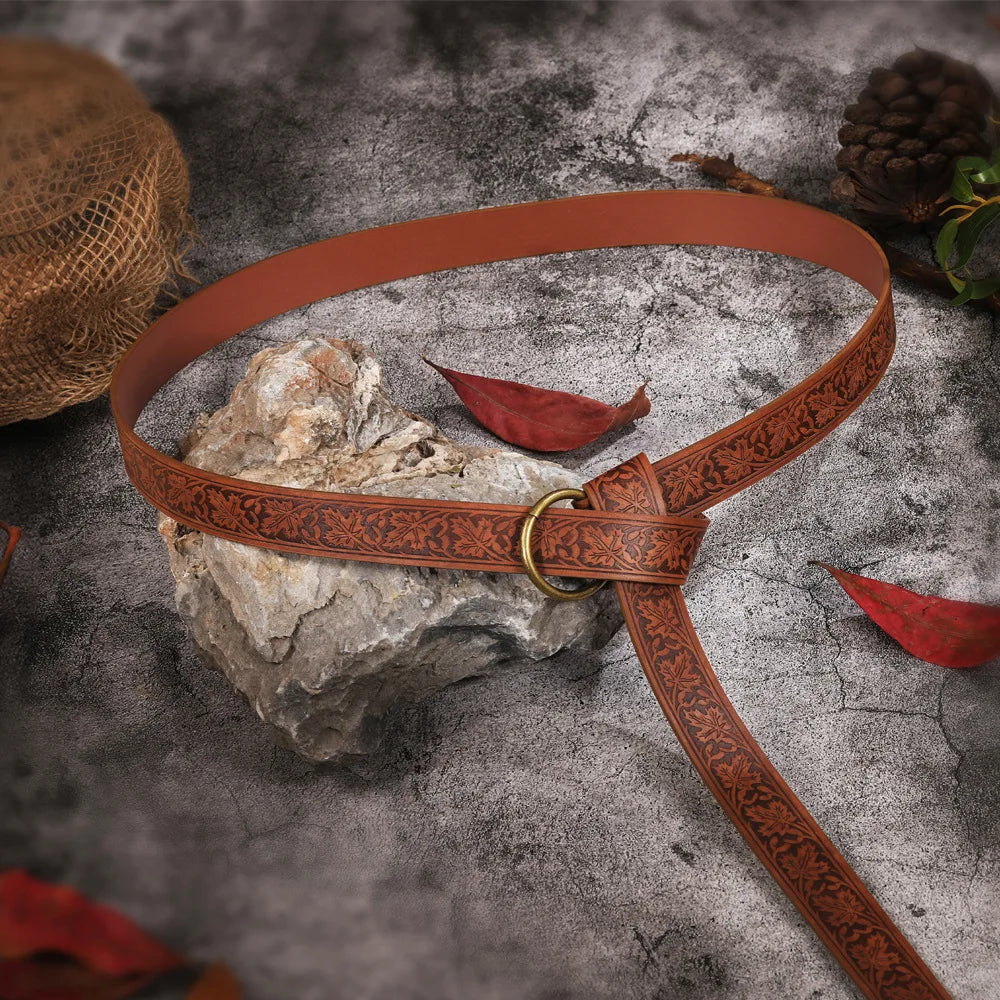 Medieval Embossed PU Leather O Ring Belt Vintage Renaissance Knight Costume Belt for LARP Cosplay
