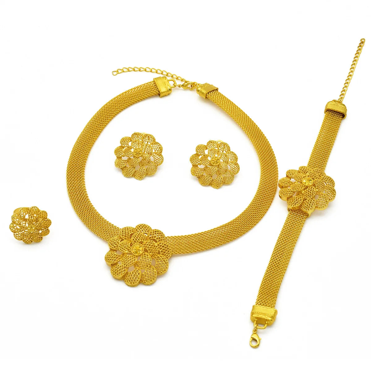 Luxury Wedding AU999 24K Gold Flower Jewelry Set! 4-Piece(Bracelet+Earrings+Ring+Necklace) Flattering, Newlywed Bliss Meaning