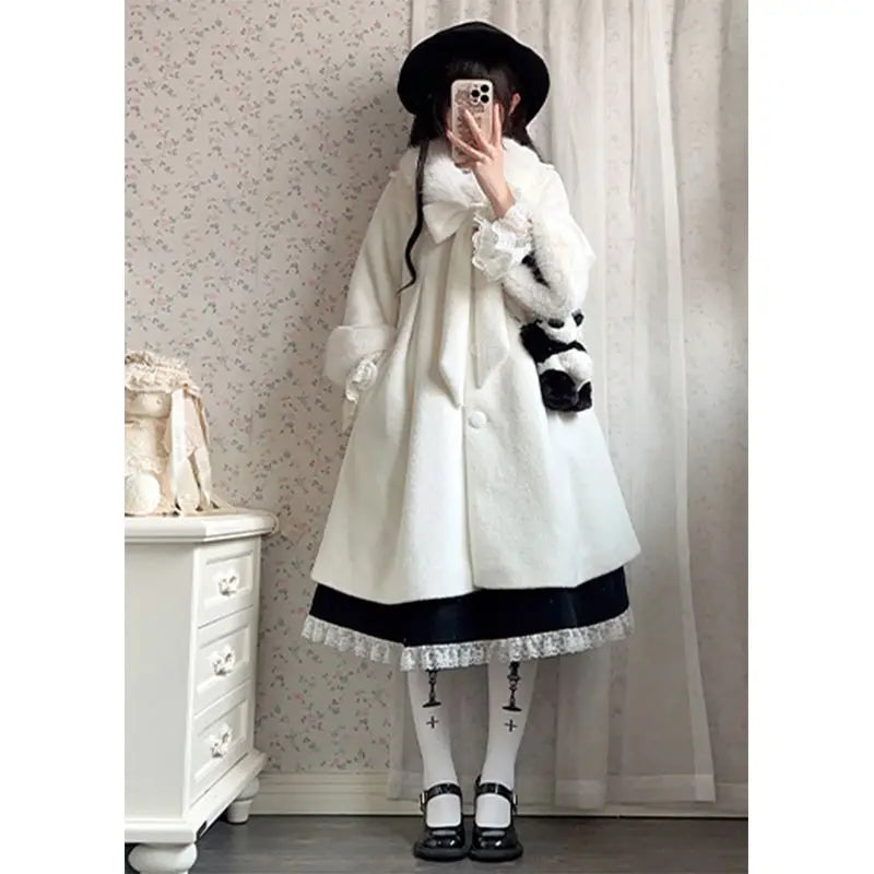 Winter Plush Long Coat Women Clothing Bow Lolita Style Autumn/Winter College Style Commuter Sweet Bow A-line Wool Coat for Women