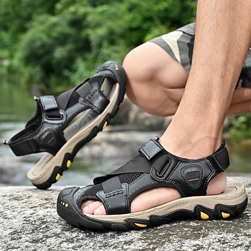 Men's Leather Sandals Durable Non-Slip for Hiking Summer Casual Outdoor Footwear Breathable Mesh Lining Sport Beach Shoes Males