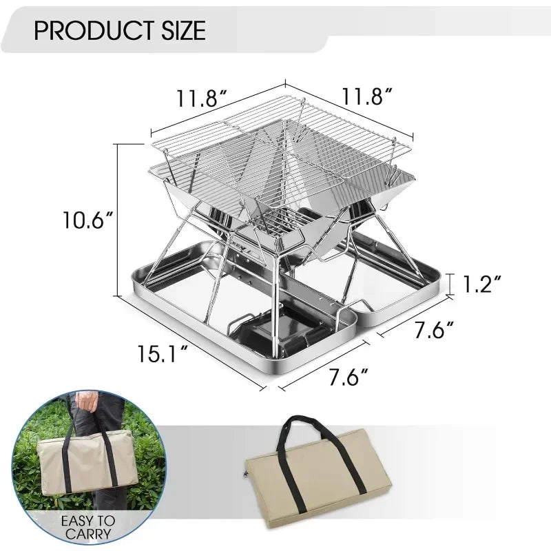 Camping Grill Charcoal Stove Folding Stainless Steel Fire Pit Grill Backpacking for Outdoor Cooking Hiking Camping Picnics Stove