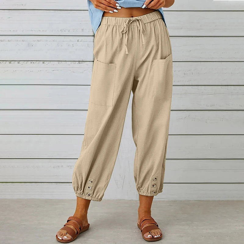 Cotton Linen Harem Pants Women Casual Elastic High Waist Lace Up Loose Ankle Trousers Vintage Harajuku Wide Leg Straight Pants