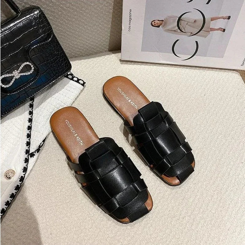 Leather Shoes for Women Low Heel Sandals Mules Slides Outside Woman Slippers Round Toe Flat Designer Natural Skin B Trend Eva F
