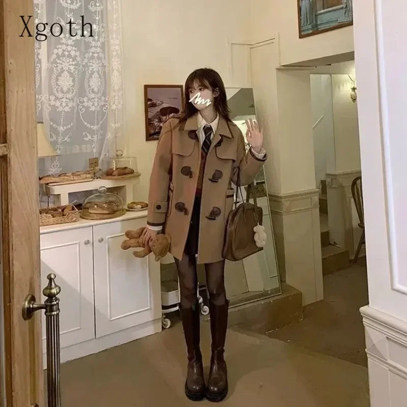 Ladies Coats Thickened Turndown Collar Single Row Cow Horn Button Midlength College Style Reduced Age Woolen Coat Women Clothing