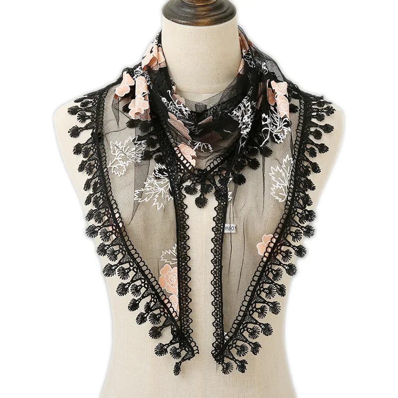 Fashion Women Triangle Wrap Fringed Shawls Head Scarf Tassel Embroidery Lace Scarves Flower Hijab Bandana Prayer Kerchief Church