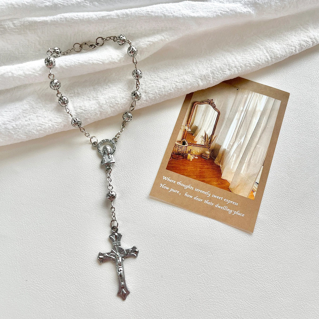 1Pcs Baby 6/8mm Glass Pearl Rosary Bracelet Eucharist Gift Cross Finger Chain Religion Mini Rosary Bracelet Pray