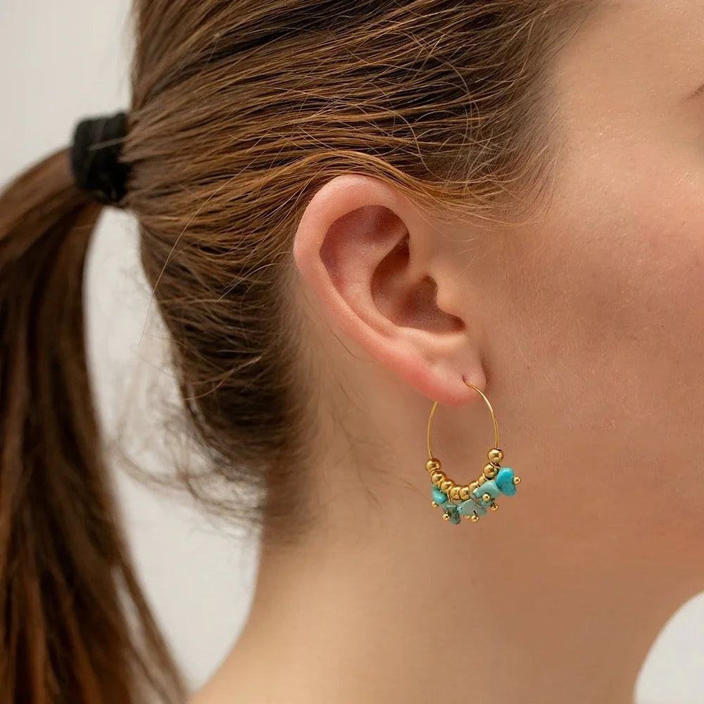 Bohemia Style Handmade Stainless Steel Turquoise Crystal Gold Ball Beads Earrings