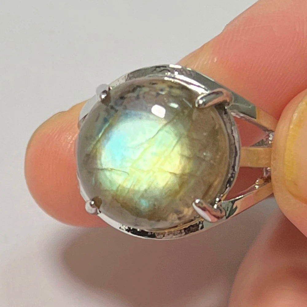 Ring Natural Stone Round Bead Blue Labradorite Adjustable Finger