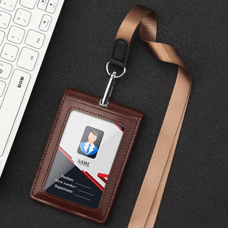 Genuine Leather ID Badge Holder Name Tag Chest Card Holders with Neck Lanyard Formal Staff Office Worker Supplies Magnet Hasp