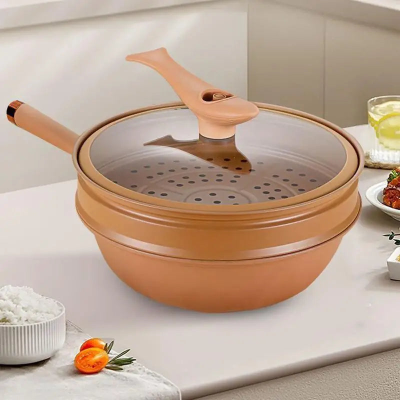 Iron Wok With Lid Frying Wok Energy-Concentrating Pot Bottom Steaming And Cooking All In 1 Induction Cookware Non-Stick Frying