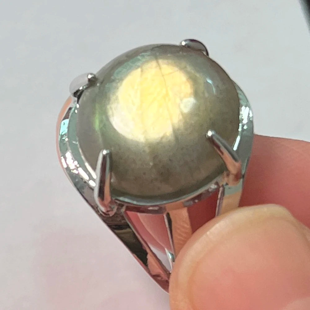 Ring Natural Stone Round Bead Blue Labradorite Adjustable Finger