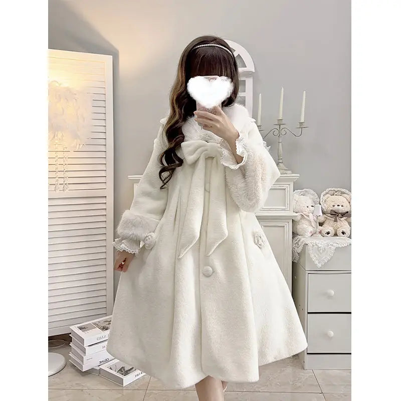 Winter Plush Long Coat Women Clothing Bow Lolita Style Autumn/Winter College Style Commuter Sweet Bow A-line Wool Coat for Women