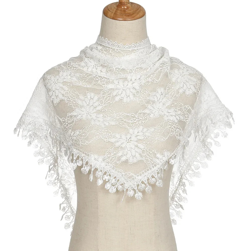 Fashion Women Triangle Wrap Fringed Shawls Head Scarf Tassel Embroidery Lace Scarves Flower Hijab Bandana Prayer Kerchief Church