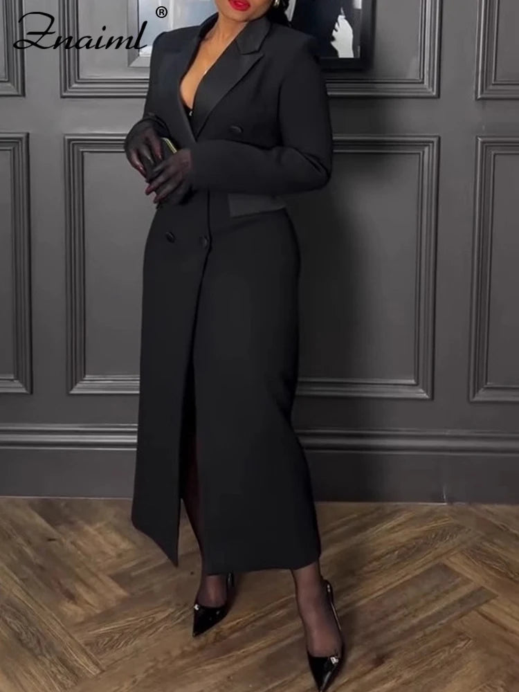 Znaiml Office Lady Lapel Pocket Slim Black Long Suit Jacket Women Blazer Dress Fashion Work Business African Birthday Robe Coats