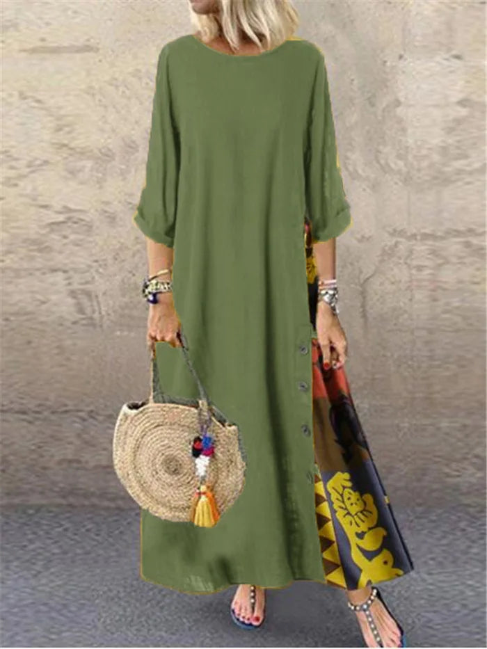 Cotton Linen Vintage Long Dresses Women Three Quarter Sleeves Splicing Print Loose A-line Dress Fashion Casual Lady Maxi Vestido