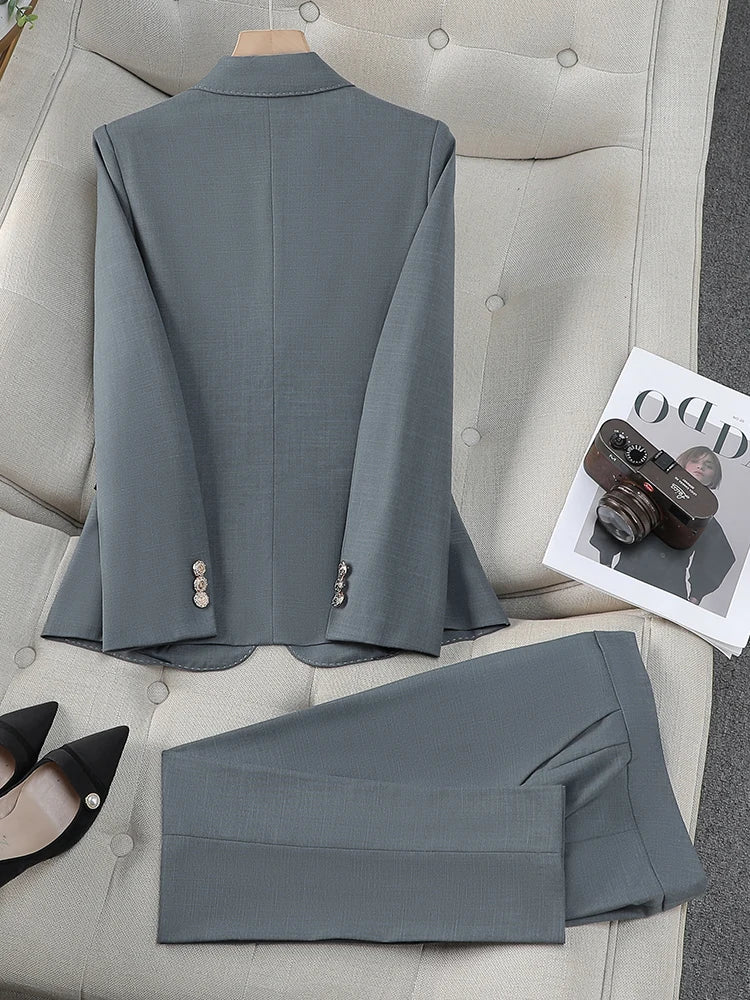 Women Pant Suit Gray Navy Solid Office Ladies Female Business Work Wear 2 Piece Set Formal Blazer Jacket And Trouser