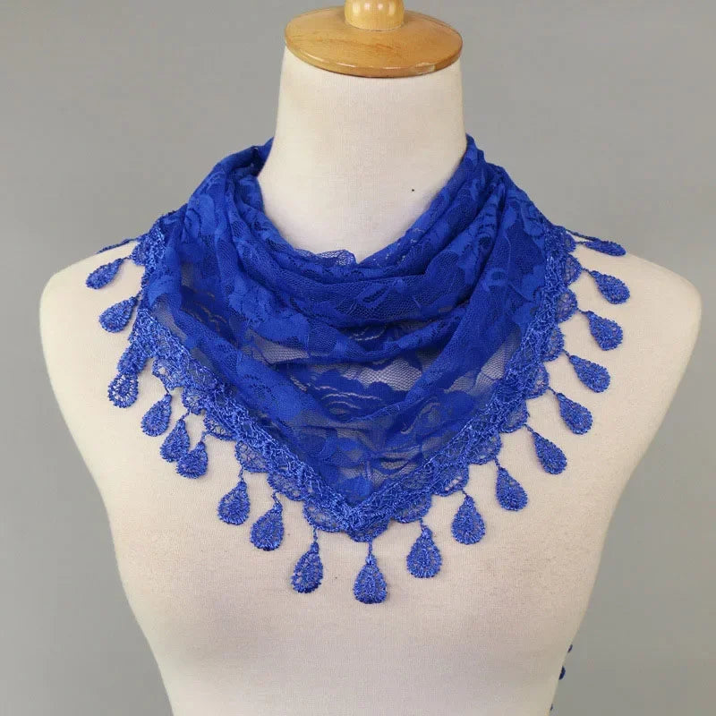 Fashion Women Triangle Wrap Fringed Shawls Head Scarf Tassel Embroidery Lace Scarves Flower Hijab Bandana Prayer Kerchief Church