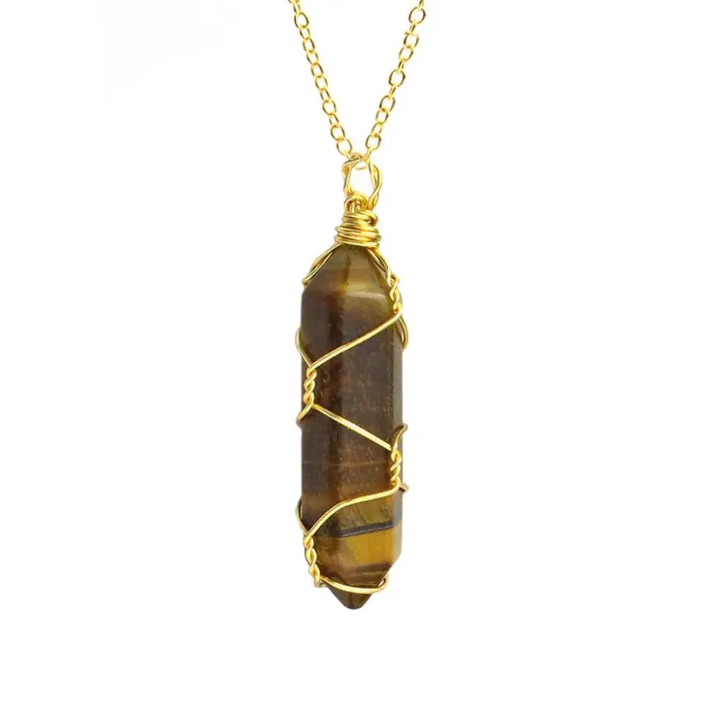 Jewelry Amethyst Tiger Eye Rose Quartz Natural Stone Hexagonal Cylindrical Crystal Necklace Wire Wrap Stone Pendant