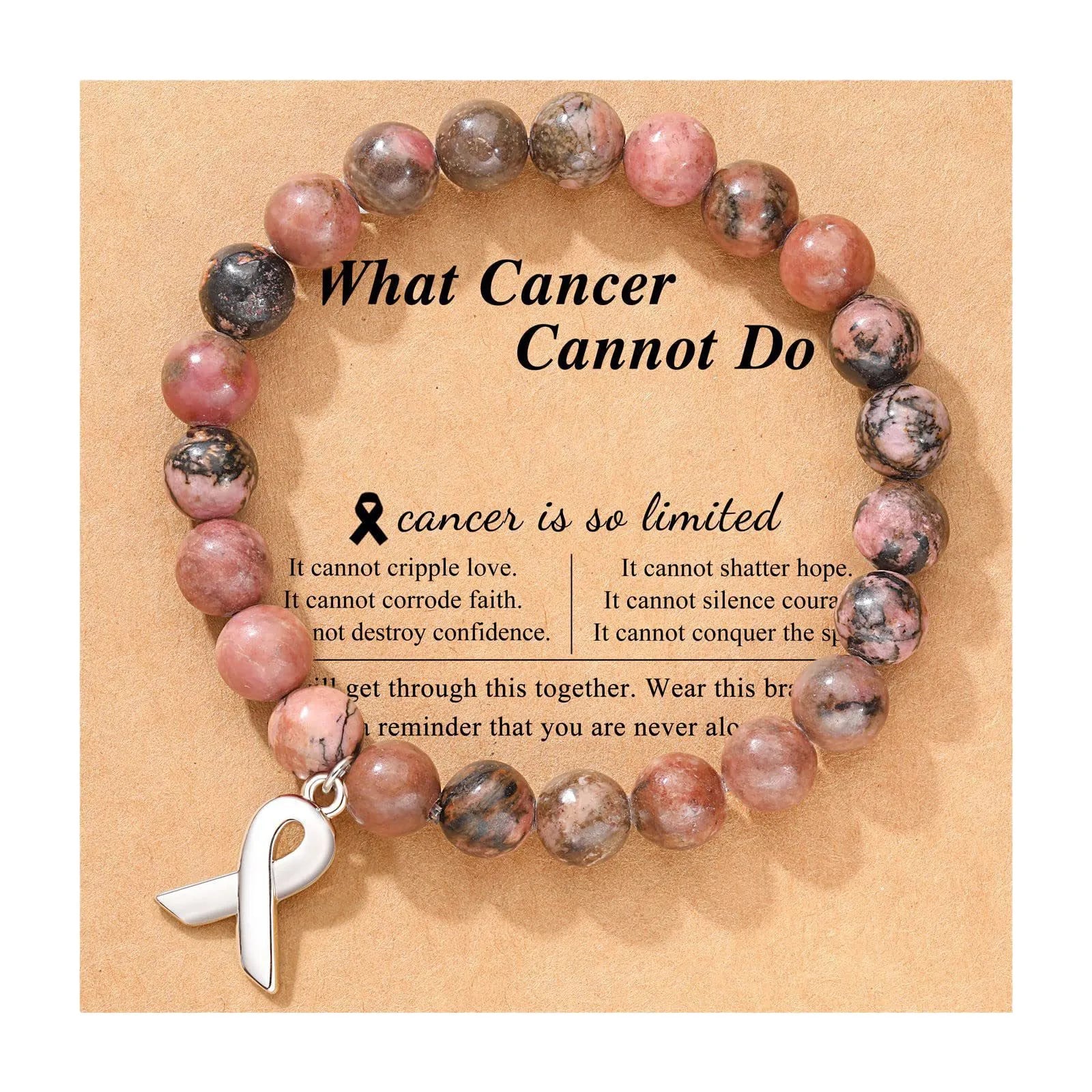 Natural Stone Bead Bracelets Ribbon Charm Inspirational Breast Cancer Awareness Bangle Gifts Encouragement For Women Jewelry