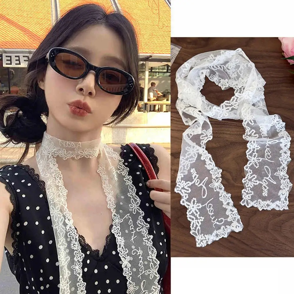 Sweet Flower Retro Lace Neck Strap Transparent Dressing Decoration Hair Band Korean Style Neckerchief Long Ribbon Head Scarf