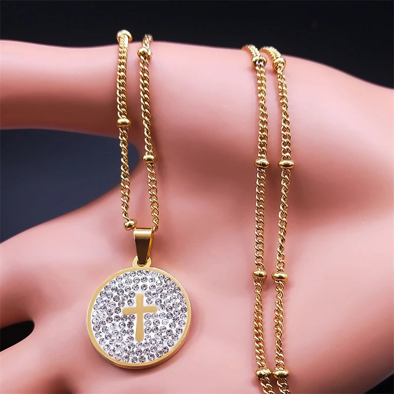 Simple Cross Pendant Necklace Stainless Steel Crystal Jesus Christ Necklaces Religious Jewelry corrente feminina N8249S02