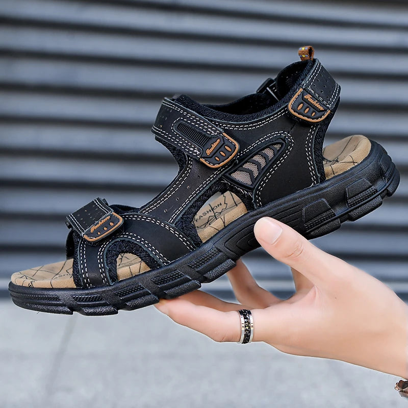 Classics Men's Sandals Summer Genuine Leather Sandals Handmade Outdoor Mesh Men Footwear Soft Breathable Metal Leather Slippers
