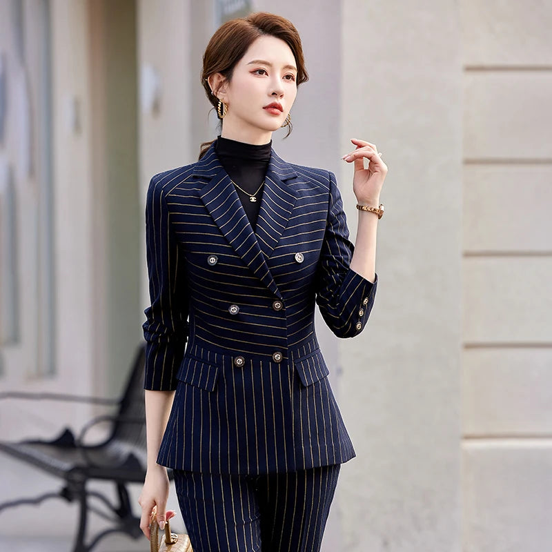 NAVIU Fashion Women Office Ladies Formal Golden stripes Pants Suit Set Female Business Work Wear Blazer Jacket And Trouser
