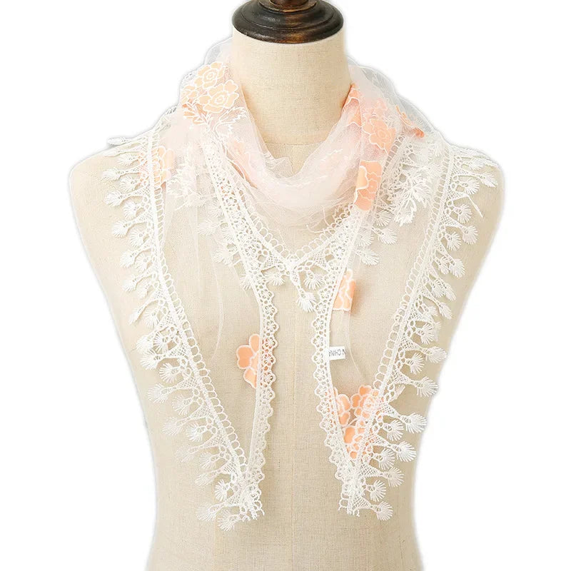 Fashion Women Triangle Wrap Fringed Shawls Head Scarf Tassel Embroidery Lace Scarves Flower Hijab Bandana Prayer Kerchief Church