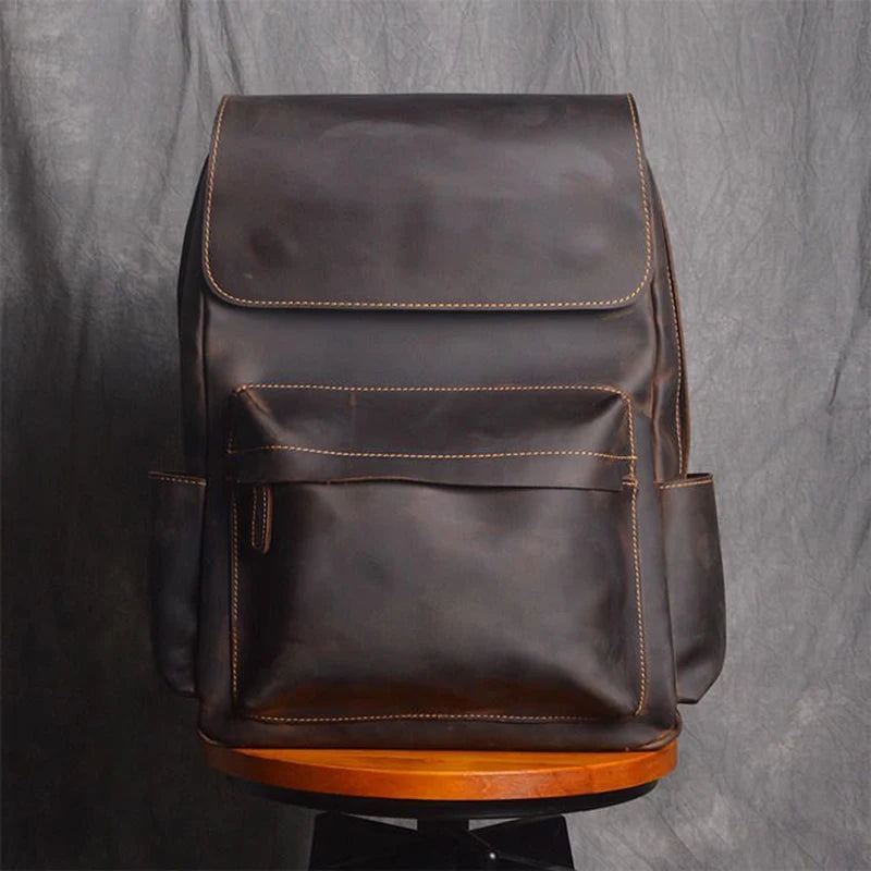 Vintage Leather Men's Backpack Large Capacity 15.6 Inch Laptop Bag Crazy Horse Leather Retro Travel College School Backpack