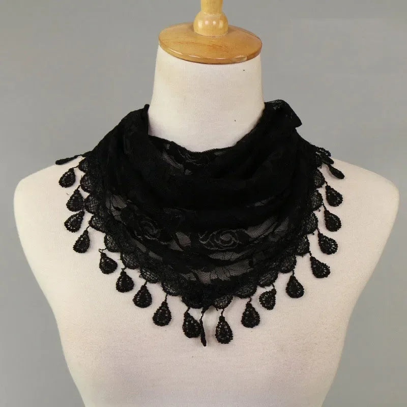 Fashion Women Triangle Wrap Fringed Shawls Head Scarf Tassel Embroidery Lace Scarves Flower Hijab Bandana Prayer Kerchief Church