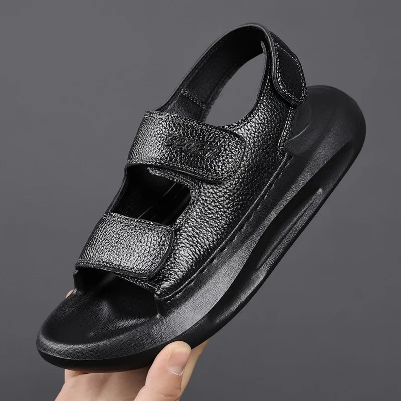 Solid Color Leather Sandals for Men 2025 Summer New Designer Platform Sandals Male Fashion Casual Outwear Beach Shoes Man