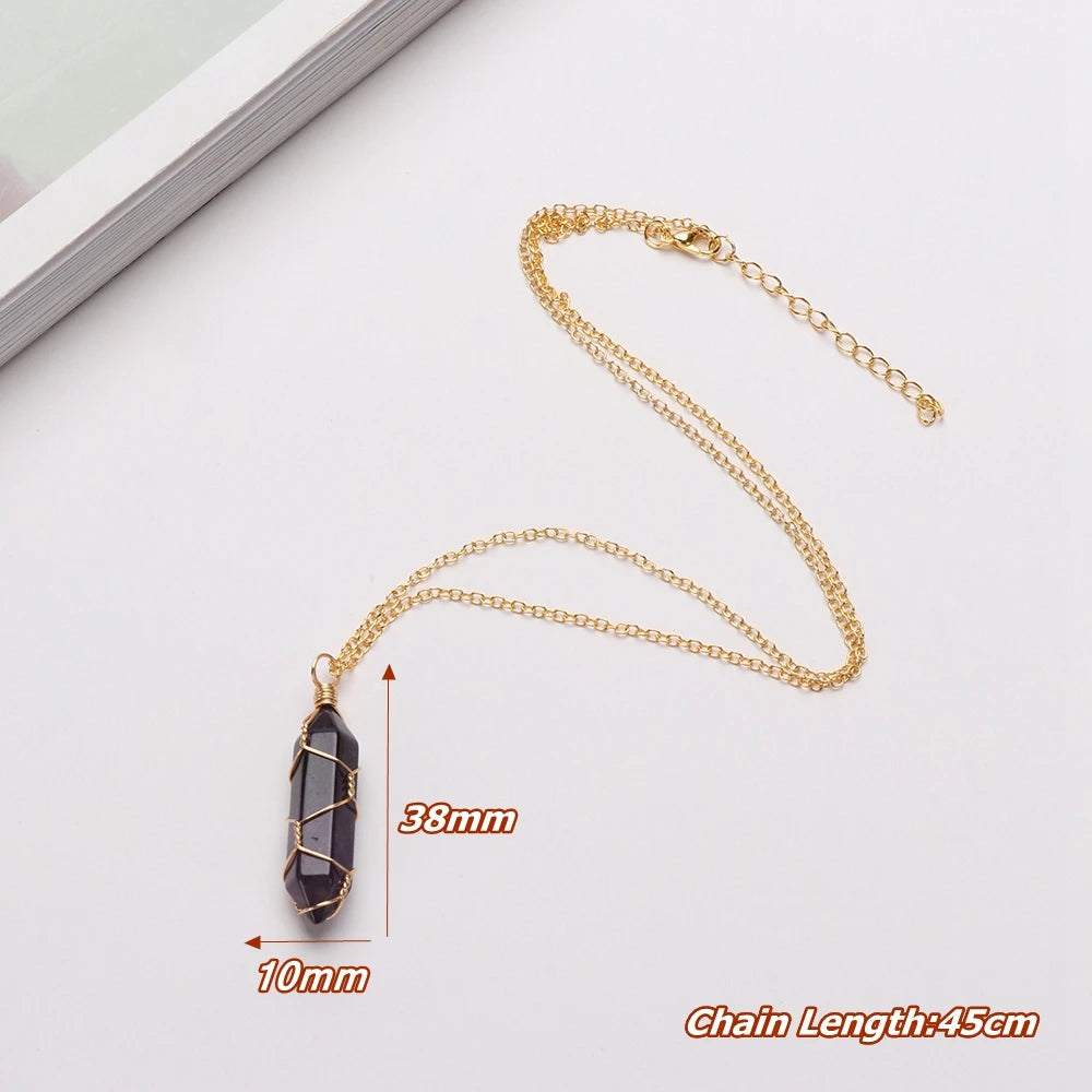 Jewelry Amethyst Tiger Eye Rose Quartz Natural Stone Hexagonal Cylindrical Crystal Necklace Wire Wrap Stone Pendant