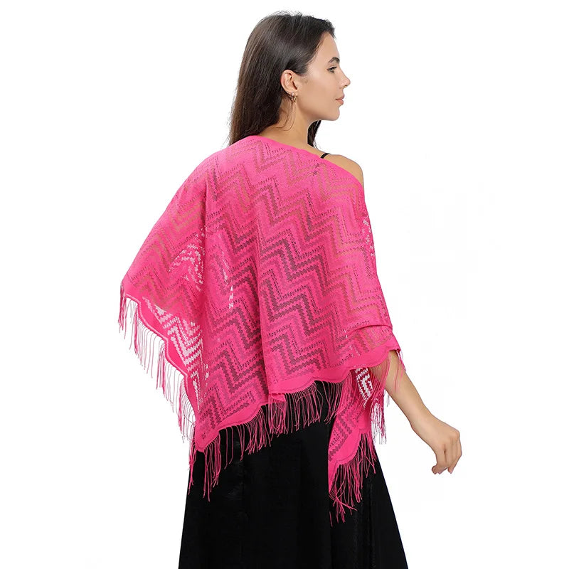 Elegant Lace Wavy Triangle Shawl Hollow Mesh Thin Breathable Tassel Scarf Party Evening Dress Versatile Shawl