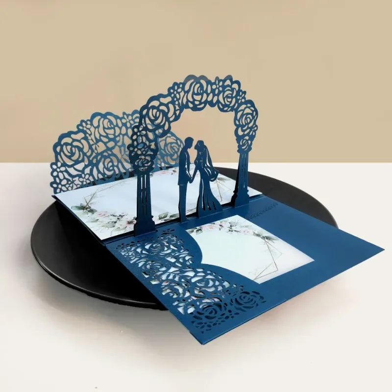 3D Bride And Groom Rose Gold Pop up Wedding invitations laser cut Greeting cards envelope Rsvp Navy blue White Pink