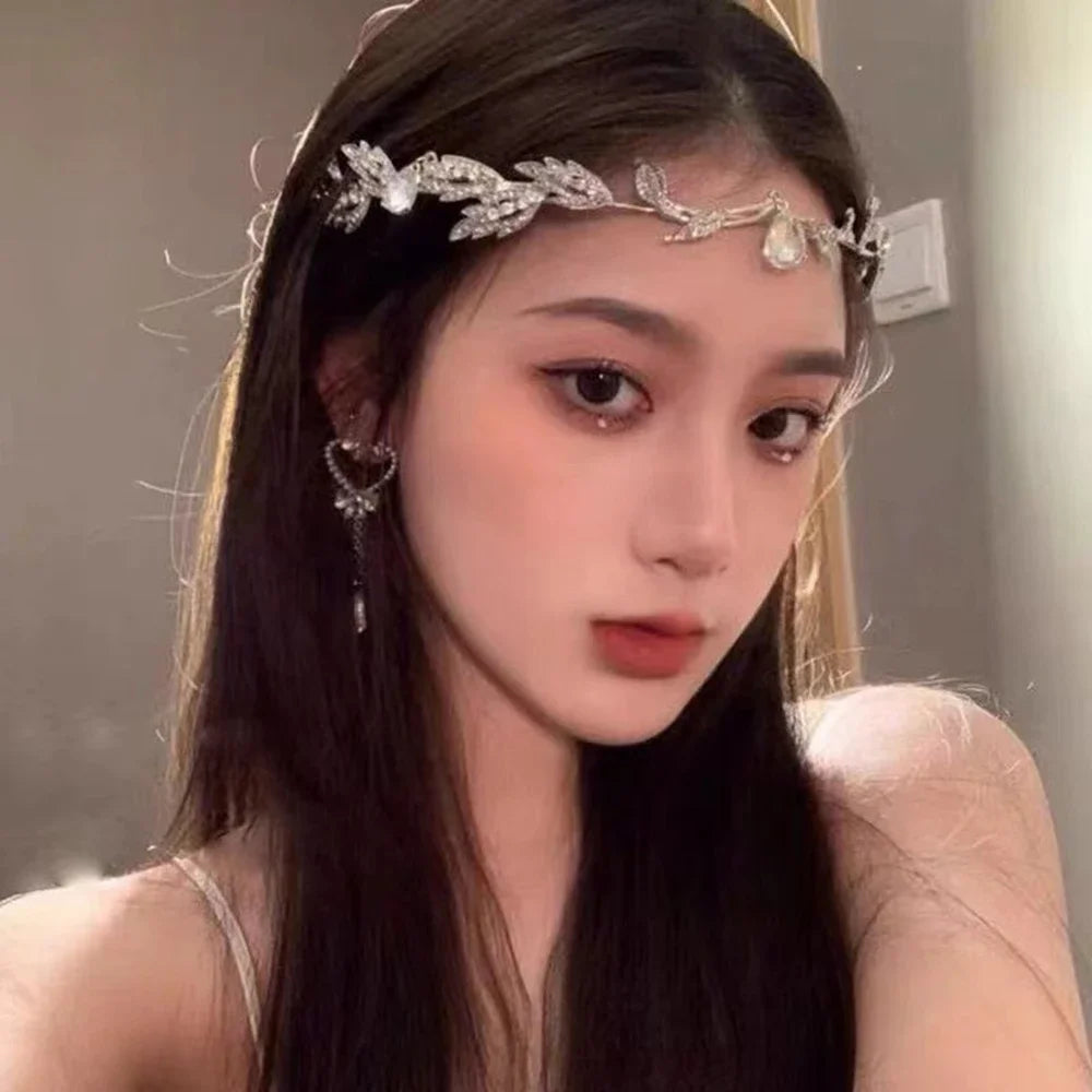 Wedding Bridal Headband for Brides Crystal Teardrop Rhinestone Leaf Hair Accessory Elf Crown Tiara for Elf Cosplay Party