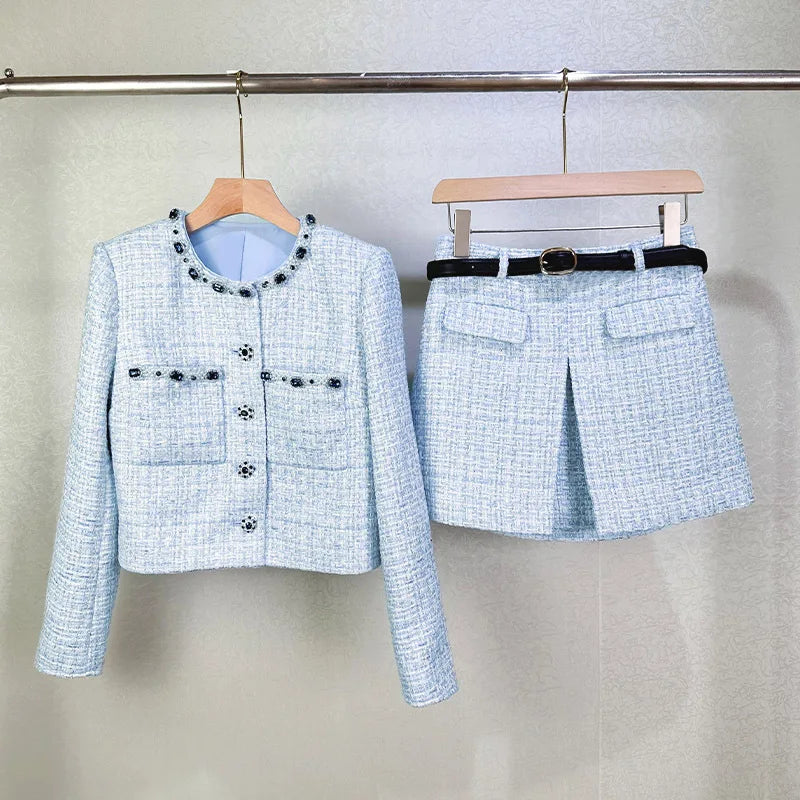 Luxury Crystal Tweed Dress 2 Piece Sets Women Tweed Jackets Blue Coats A Line Short Skirts Office Lady Work Retro Casual Outfits