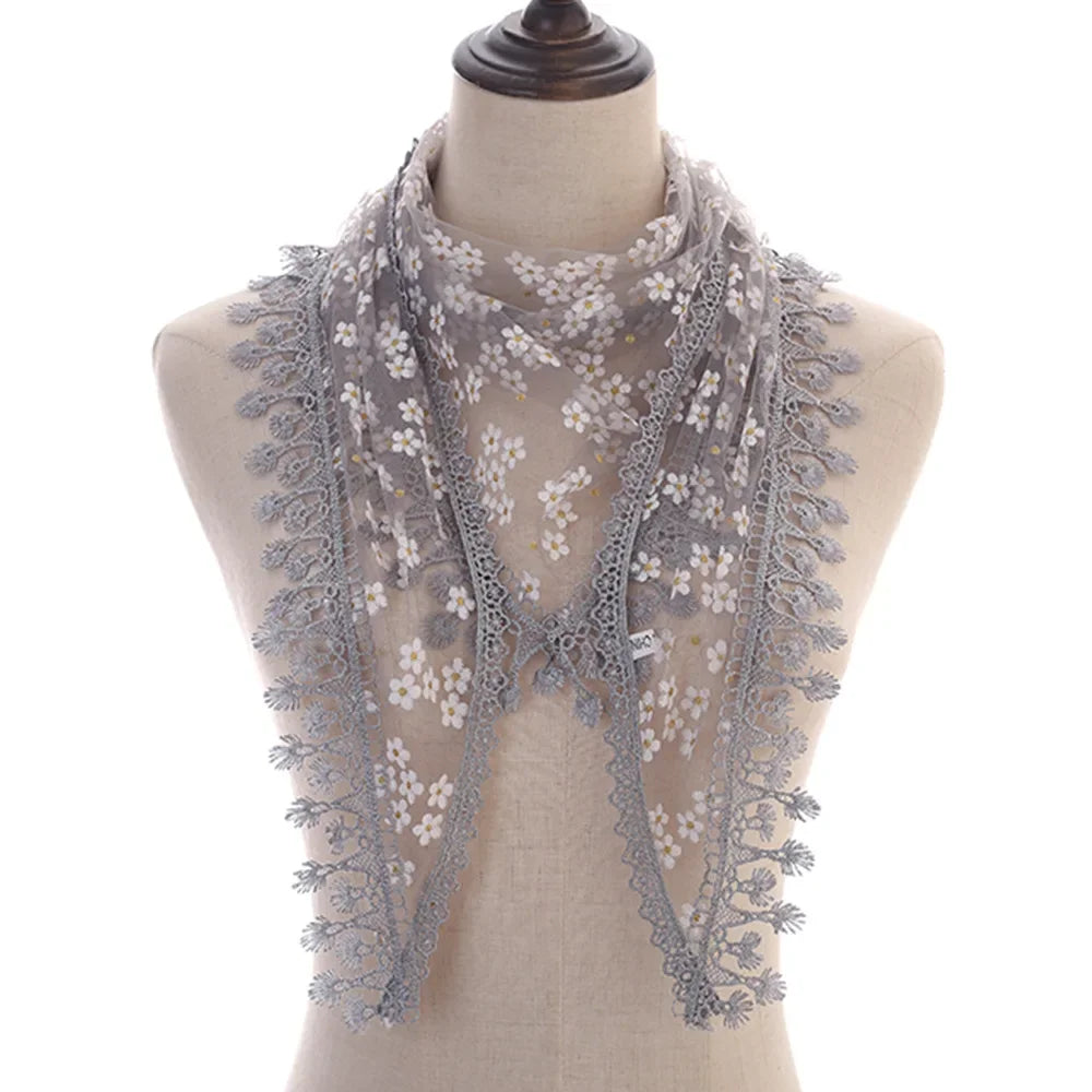 Fashion Women Triangle Wrap Fringed Shawls Head Scarf Tassel Embroidery Lace Scarves Flower Hijab Bandana Prayer Kerchief Church